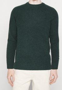 Man in een donkergroene gebreide trui met lange mouwen en geribbelde manchetten en zoom, gecombineerd met lichtgekleurde broek, staande tegen een witte achtergrond.