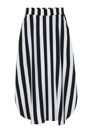 Juoda ir balta dryžuota sijonas su elastine juosta, plaukianti medžiaga ir kreiptu hemu. Vertikalūs dryžiai sukuria drąsų raštą.