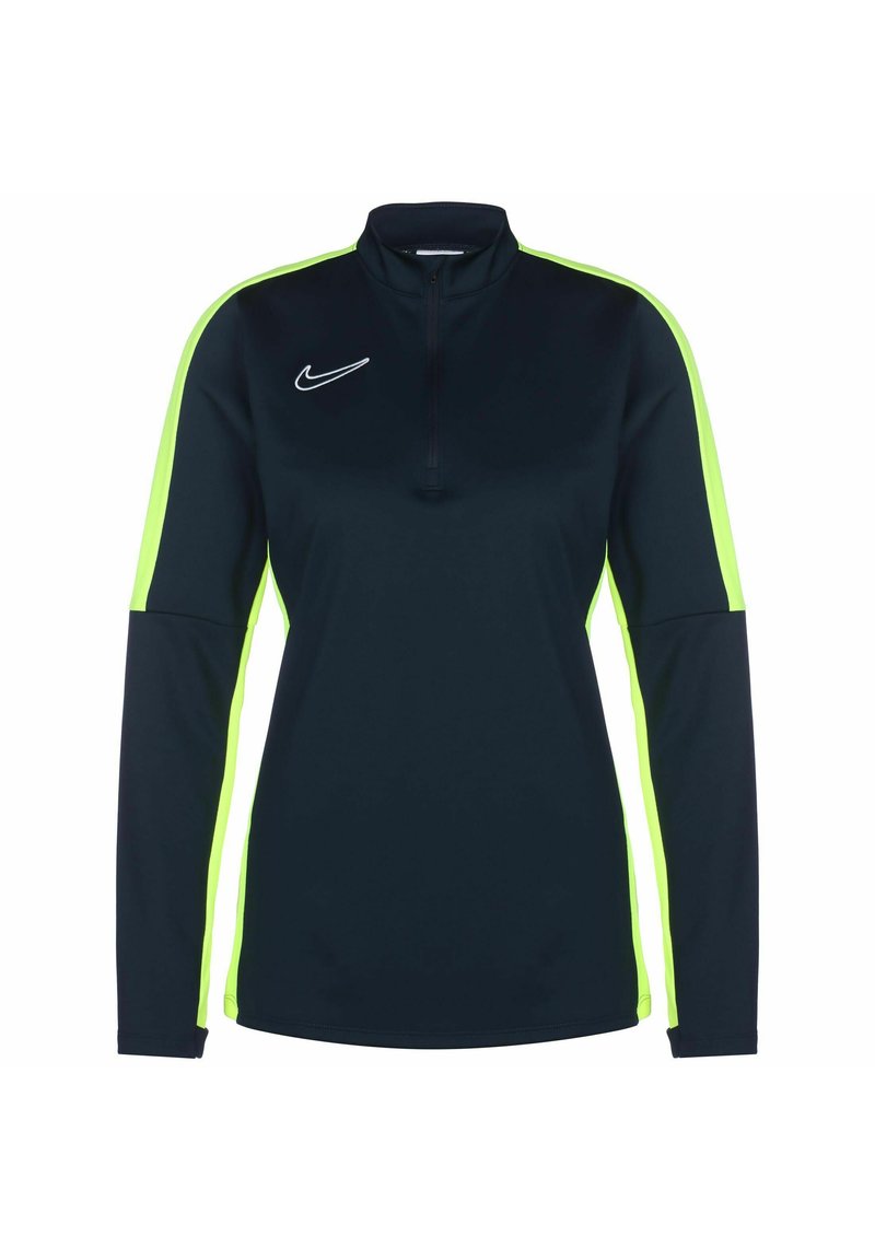 Marinefarbener Sportpullover mit einem Viertelreißverschluss, ausgestattet mit limettengrünen Seitenstreifen und einem weißen Nike-Logo auf der Brust. Glatte Textur, lange Ärmel.