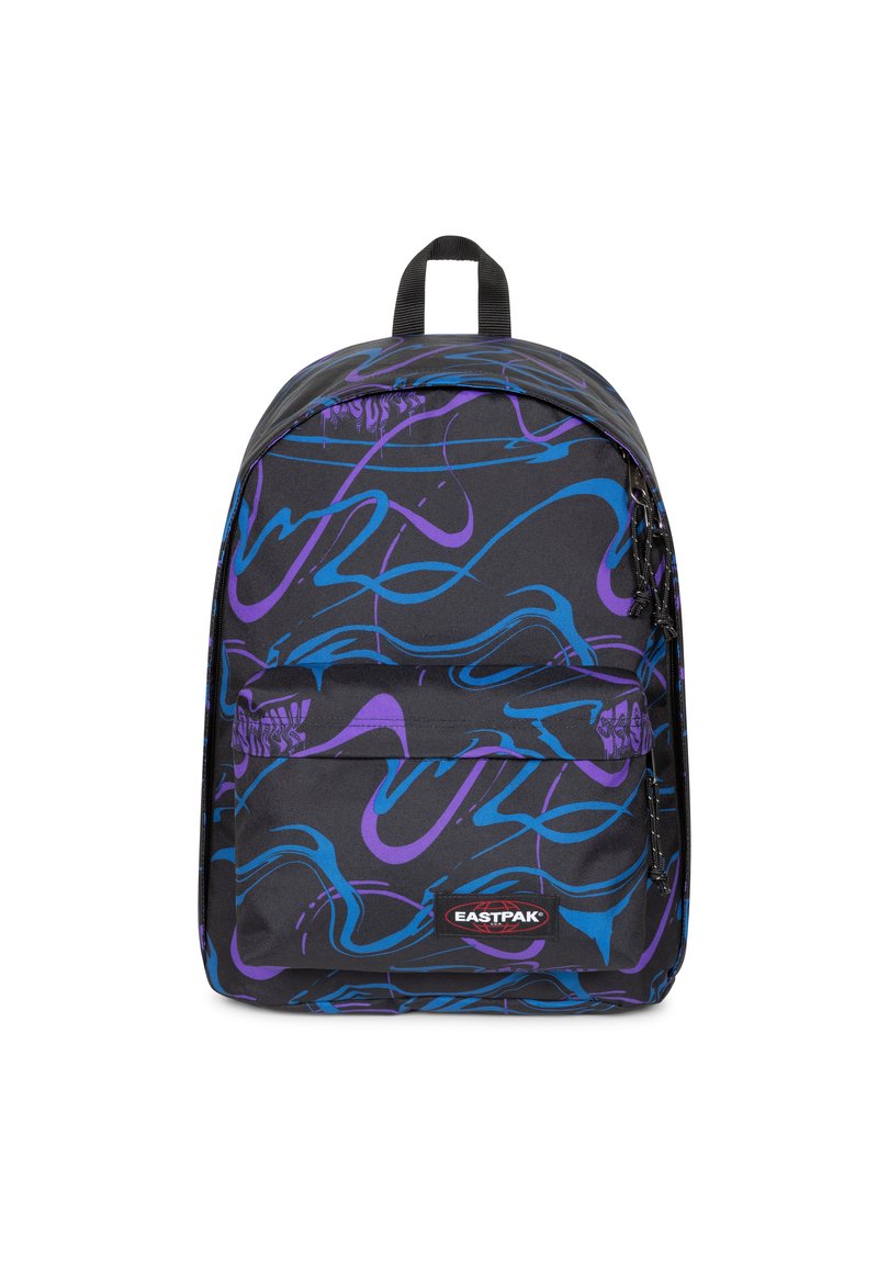 Zaino nero con motivi astratti blu e viola a spirale, dotato di una tasca frontale e di una maniglia superiore per un facile trasporto.
