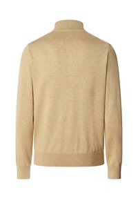 Pull beige à manches longues avec poignets, ourlet et col montant côtelés, montré de dos sur un fond blanc.
