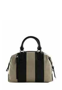 Sac en cuir présentant des rayures horizontales noires et beiges, des poignées rondes, une poche zippée et une finition texturée pour la durabilité.