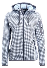 Veste à capuche gris et blanc à motif pied-de-poule avec fermeture éclair devant, deux poches zippées et une poche zippée sur la manche gauche.