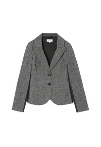 Šedý vlněný blazer se západovým límcem, dvěma černými knoflíky a přiléhavým střihem se bočními rozparky a texturovaným interiérem.