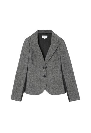 Šedý vlněný blazer se západovým límcem, dvěma černými knoflíky a přiléhavým střihem se bočními rozparky a texturovaným interiérem.