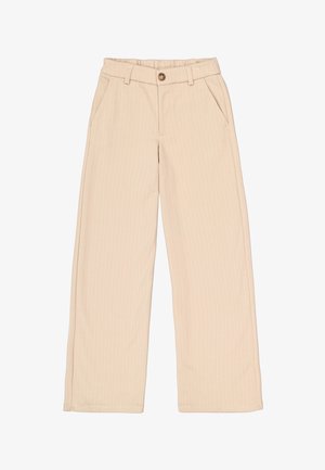 Beige wide-leg trousers with subtle vertical pinstripes, front button closure, belt loops, and side pockets.