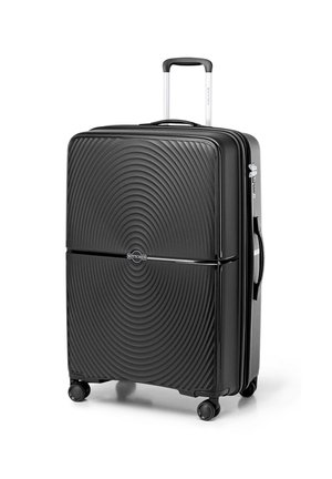 Black suitcase with a textured swirl design, dual compartments, telescopic handle, and four wheels for mobility. Brand logo visible on front.