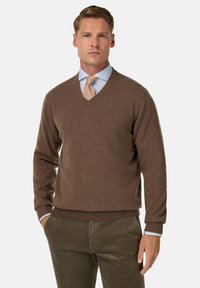 Vyras, vilkintis rudą V-kaklo megztinį, šviesiai mėlyną marškinį, raštuotą smėlio spalvos kaklaraištį ir alyvuogių žalios spalvos švarkinius džinsus, stovi su rankomis kišenėse.