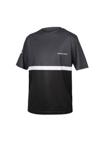 Kortsleeve T-skjorte i svart med en grå øverste del og en hvit horisontal stripe. Laget av pustende stoff, med rund hals.