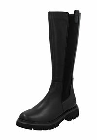 Botas negras hasta la rodilla, hechas de cuero suave, con paneles laterales elásticos, una suela texturizada y una asa en la parte superior.