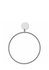 Silver hoop earring with a twisted design, featuring a circular stud at the top. The surface is polished and smooth, reflecting light.