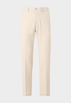 Beige skreddersydde bukser med knappelukking, beltehemper og frontfolder, vist på en enkel lys bakgrunn.