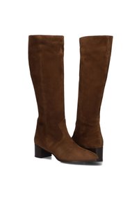 Bruine suède kniehoge laarzen met een spitse neus, een lage blokhak en gebogen details aan de zijkant. Soepele textuur en uniforme kleur over het geheel.