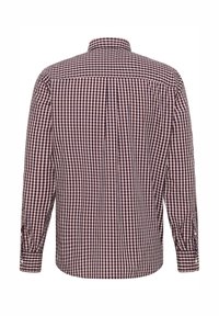Koszula z długim rękawem w kratę w kolorach bordowym i kremowym, z kołnierzykiem na guziki i regulowanymi mankietami, wykonana z tkaniny tkanej.