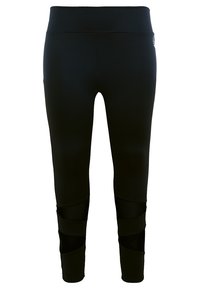 Mustat nilkkapituudet legginssit, jotka on valmistettu joustavasta materiaalista. Niissä on korkea vyötärö ja leikattu verkkopaneeli alaosassa.