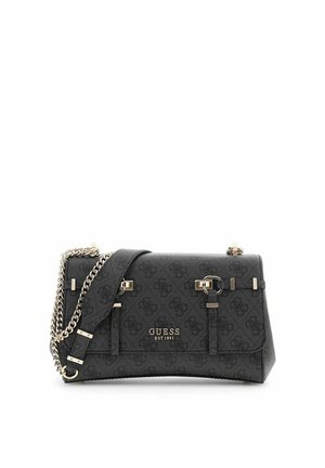 Sac bandoulière Guess noir avec motif logo subtil, détails en chaîne et boucles dorées, et bandoulière en cuir ajustable.