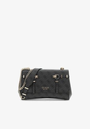 Sac bandoulière Guess noir avec motif logo subtil, détails en chaîne et boucles dorées, et bandoulière en cuir ajustable.
