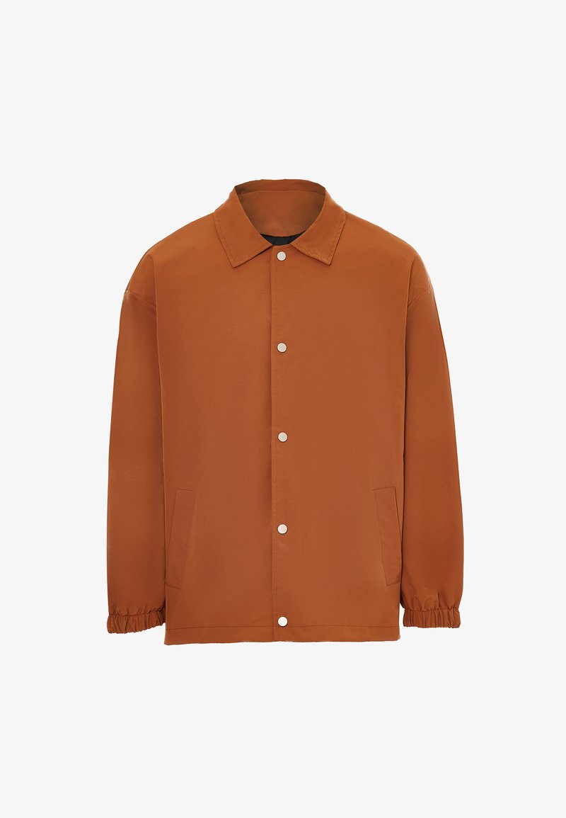 Brown, lightweight jacket with a collar, snap buttons, elasticized cuffs, and side pockets. Smooth texture with a simple design.