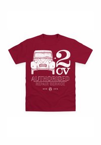 Bordová bavlněná trička se světlou grafikou vintage auta, textem "2 CV" a "AUTORIZOVANÝ OPRAVNÝ SERVIS" s opotřebovanou texturou.