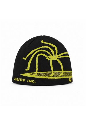 Czarna czapka beanie z żółtym abstrakcyjnym pająkiem na wzorze deski surfingowej i tekstem "SURF INC." na przednim dolnym brzegu.