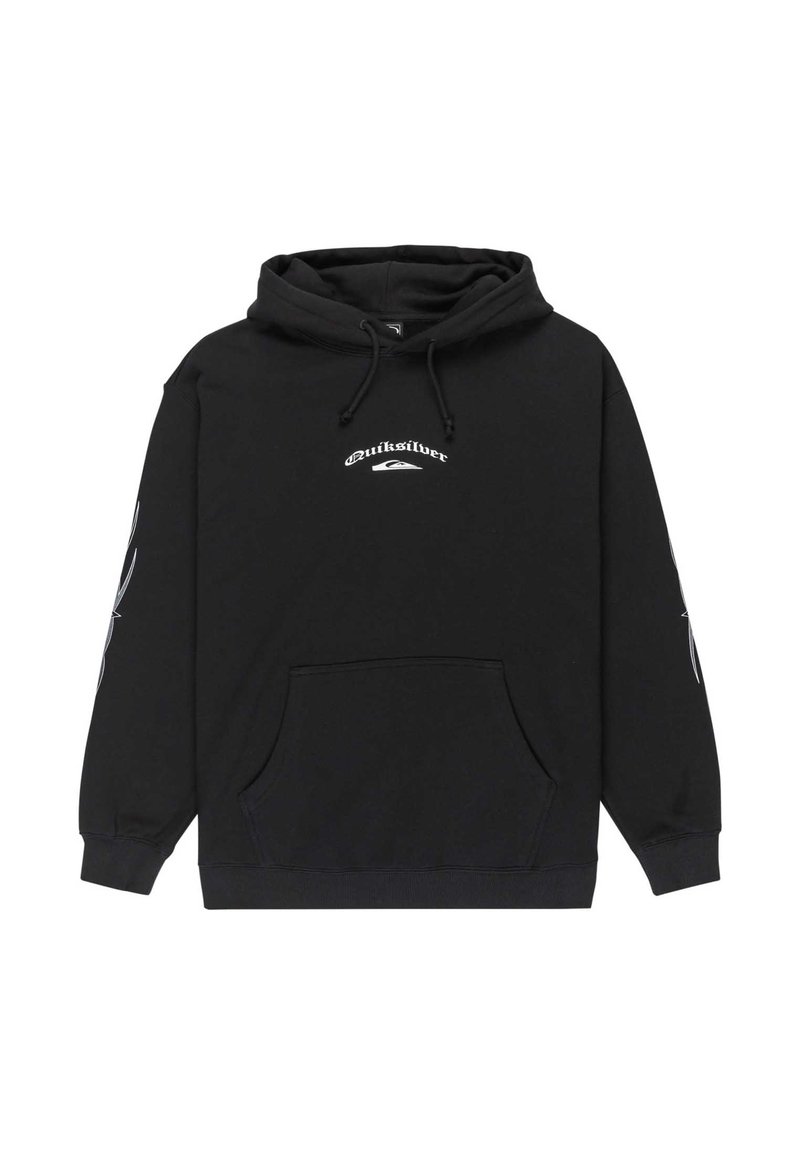 Zwarte hoodie van stof, voorzien van een voorzak, trekkoorden en witte logo-tekst op de borst, met gemusterde accenten op de mouwen.