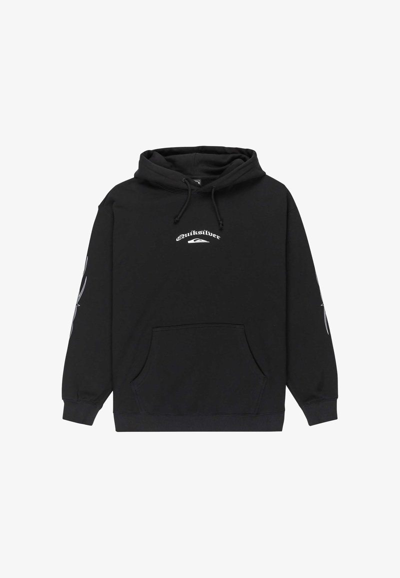 Black hoodie made of fabric, featuring a front pocket, drawstrings, and white logo text on the chest and patterned accents on the sleeves.