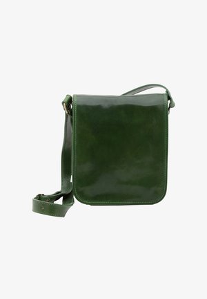 Sac bandoulière en cuir vert foncé avec rabat avant et bandoulière réglable sur fond blanc.