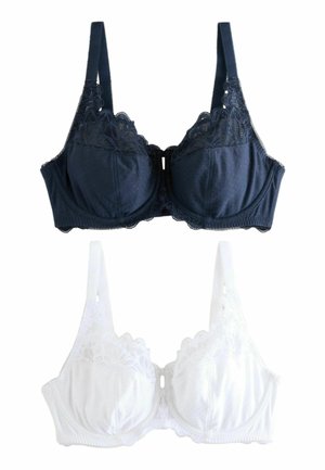 Marineblauwe en witte bh's met kantafwerking, textuurstof en verstelbare bandjes, met een bloemenkantpatroon langs de bovenrand.