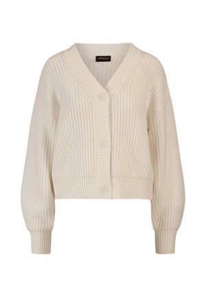 Cremefarbener gestrickter Cardigan mit V-Ausschnitt, vier Knöpfen und Ballonärmeln; verfügt über eine gerippte Textur und eine verkürzte Länge.