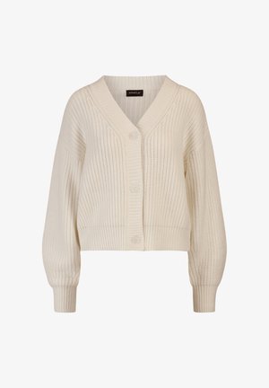 Crème kleurige gebreide cardigan met een V-hals, vier knopen en ballonmouwen; heeft een ribbelstructuur en een cropped lengte.