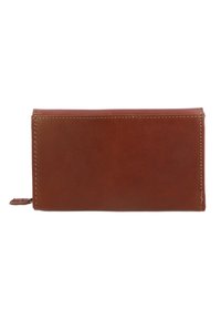 Brown leather wallet with a smooth texture, rectangular shape, visible stitching, and a small tab on the side. No visible hardware or patterns.