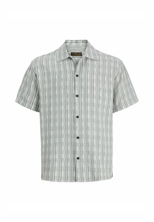 Koszula z krótkim rękawem zapinana na guziki, z pionowymi szarymi i białymi paskami, kołnierzem typu spread i siedmioma ciemnymi guzikami z przodu.