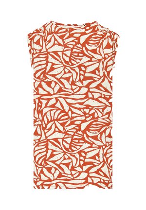 Czerwono-biała bluzka z krótkim rękawem, z wyrazistym wzorem liści w abstrakcyjnych kształtach i teksturowanymi detalami, wykonana z lekkiego materiału.