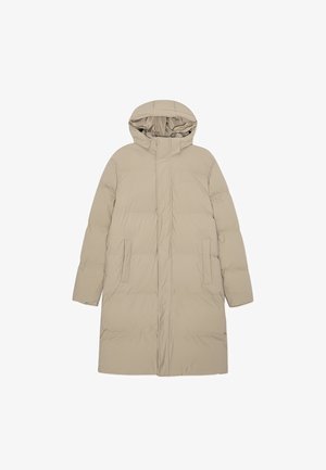 Langer beiger gepolsterter Mantel mit Kapuze, durchgehendem Reißverschluss und zwei Seitentaschen, entworfen für kaltes Wetter.