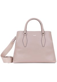 Sac à main en cuir rose clair avec des poignées arrondies, une sangle détachable et des ferrures en argent. Présente une texture lisse et un design minimaliste.