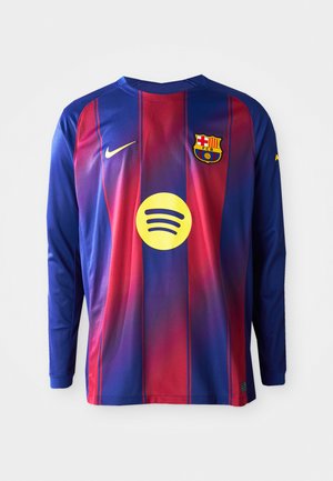 Long-sleeve football jersey featuring blue and red vertical stripes, Nike logo, Barcelona crest, and a circular Spotify logo in the center.