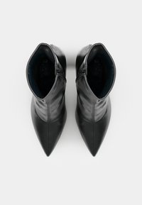 Black ankle boots made of smooth leather with pointed toes and zippers on both sides. Interior has dark fabric lining. minimal design.