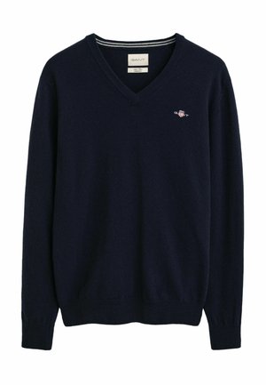 Navy V-Ausschnitt-Pullover aus weichem Stoff, mit gerippten Bündchen und Saum sowie einem kleinen gestickten Logo auf der Brust.