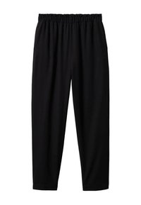Pantalon noir à coupe ample avec taille élastique, jambes droites, sans poches visibles ni détails supplémentaires.