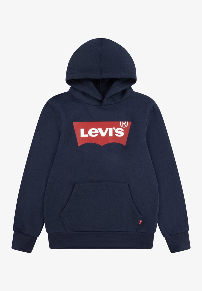 Mörkblå hoodie med kängurufickor, ribbade muddar och en stor röd Levi's-logotyp på framsidan. Tillverkad av mjukt, strukturerat tyg.