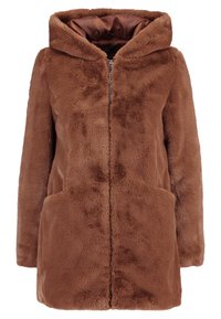 Brown faux fur jacket with a hood, zip front, and two side pockets. Soft texture, relaxed fit, and smooth brown lining visible inside.