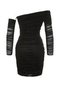 Robe noire avec un design asymétrique à épaules dénudées, faite de tissu transparent plissé, avec des manches longues présentant des détails de texture superposés.