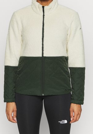 Persona vistiendo una chaqueta bicolor con la mitad superior de forro polar blanco y la mitad inferior acolchada en verde oscuro, combinada con leggings negros con el logo de The North Face.