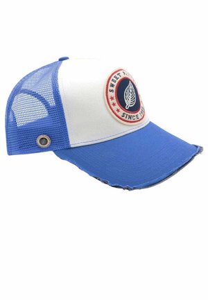 Casquette camionneur bleue et blanche avec dos en filet, bords usés sur la visière, et écusson rond avec l'inscription "Sweet Ride Since 1971" et un logo de feuille.