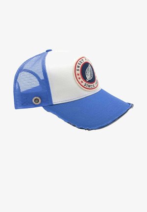 Casquette camionneur bleue et blanche avec dos en filet, bords usés sur la visière, et écusson rond avec l'inscription "Sweet Ride Since 1971" et un logo de feuille.