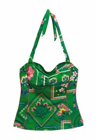 Zelený kvetinový top s výstrihom do srdca, nastaviteľnými viazacím ramienkami a potlačou v ružovej, žltej a modrej farbe. Hladká textúra látky.