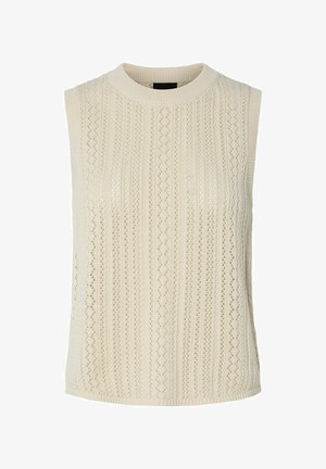 Ärmelloses cremefarbenes Strickoberteil mit hohem Kragen, das ein strukturiertes Muster aus vertikalen Streifen und kleinen Rauten-Ausschnitten aufweist.