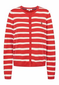 Červený a biely pruhovaný cardigan s okrúhlym výstrihom, gombíkovým zapínaním, dlhými rukávmi a malým vyšitým logom na hrudi.