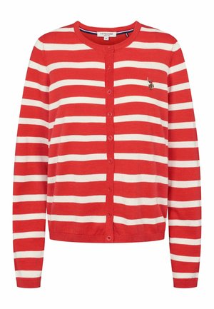 Raudonai ir baltai dryžuotas kardiganas, turintis apvalų iškirpimą, mygtukų priekyje, ilgomis rankovėmis ir mažą išsiuvinėtą logotipą krūtinėje.