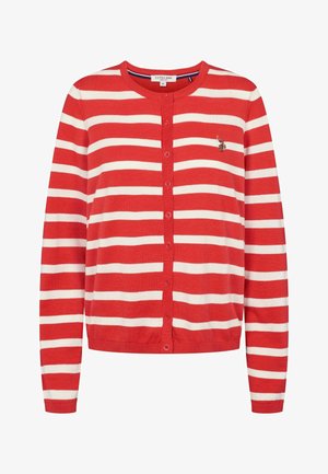 Punane ja valge triibuline kardigan, millel on ümmargune kaelus, nööbid ees, pikad varrukad ja väike tikand rinnal.
